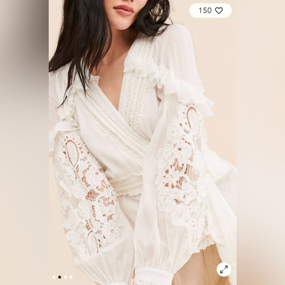 FARM Rio White Cream V Neck Wrap Tie Blouse Boho Statement Sleeves S - Picture 2 of 13